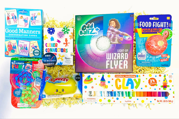May VIP Box of Sensory Toys PlayVisions, Wizard Flyer, Modeling Clay from Toysmith, Eeboo Cue Cards, Novelty Toys splat balls, Top Trenz squish toys
