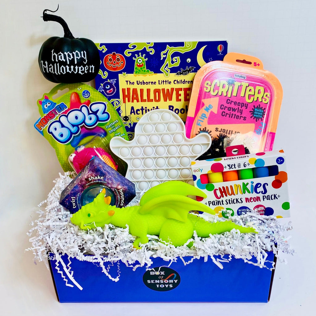 Halloween Box with Usborne Activity Book, Scritters, Monster Blobz, Ghost bubble pop, Ooly Chunkies Markers, weighted Dragon toy, Copernicus Nano Sworld